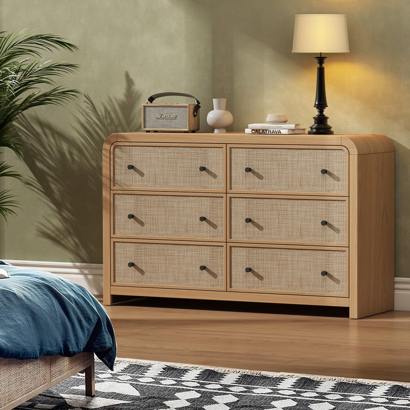 Cevat Rattan 6-Drawers Dresser,Thickened Curved Profile Design, Tan