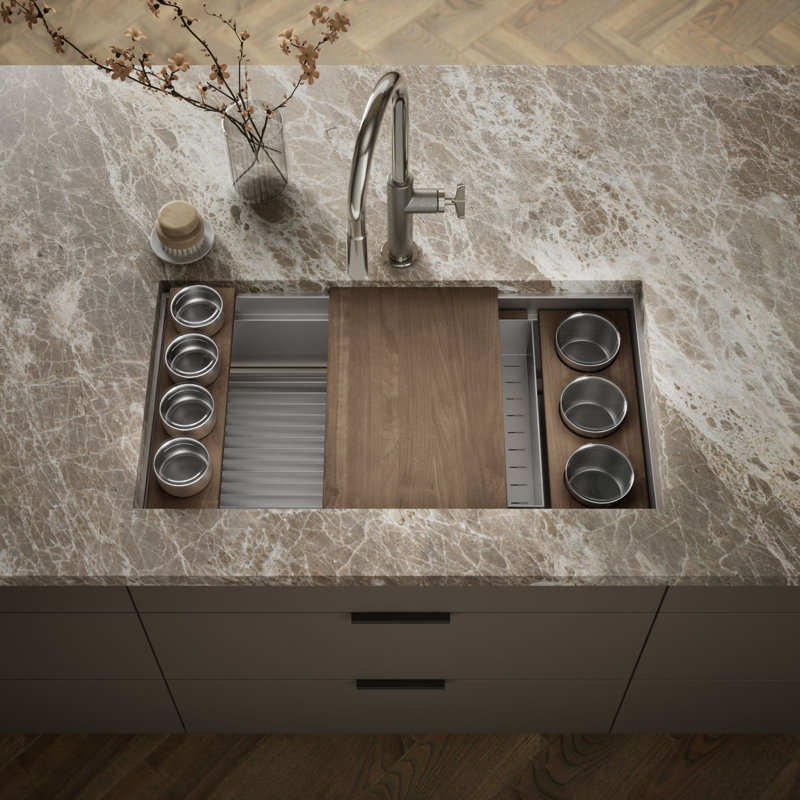 Synthos 33-3/4" Undermount Single-Bowl Workstation Kitchen Sink, Walnut