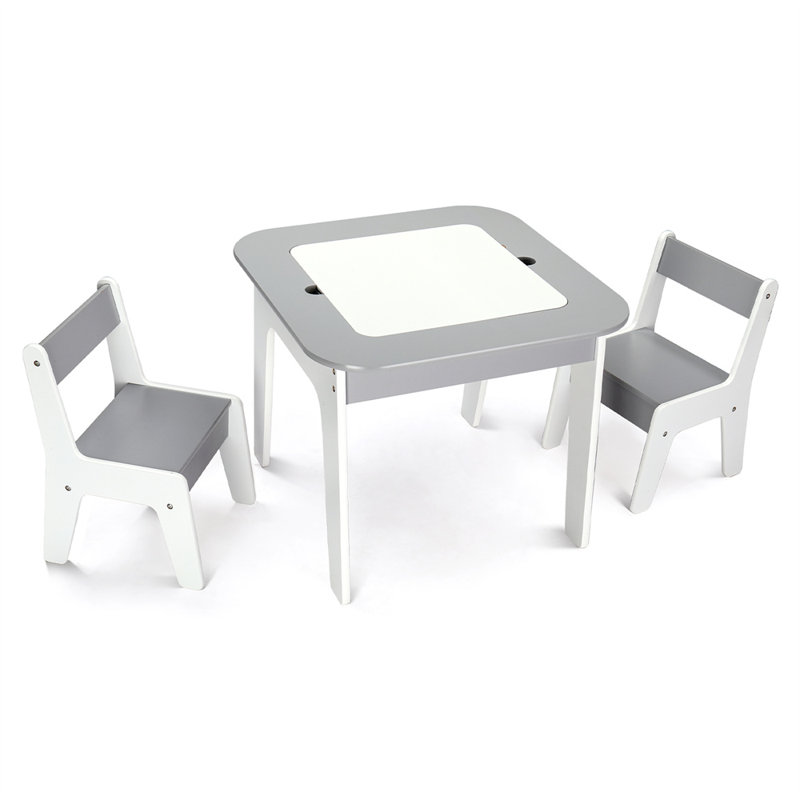 Ensemble de table et chaises pour enfants 5-en-1 en bois avec couvercle rabattable, Gris / Blanc