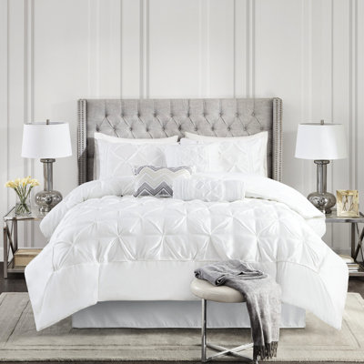 Édredon blanc grand 7 pièces - édredon glamour, taies décoratives, coussins décoratifs, jupe de lit incluse Élégance avec coussins et charme