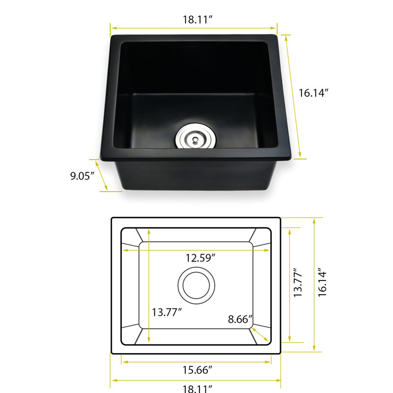Évier de bar encastrable au quartz, 18 po x 16 po, noir mat, résistant à la chaleur et aux égratignures, antirouille, produit 18 po x 16 po insonorisé, résistant à la chaleur, aux taches, aux égratignures, à la rouille, avec panier d'évacuation
