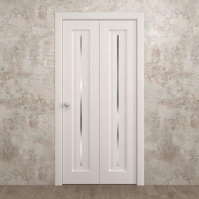 Portes coulissantes pliantes pour placard 60 x 80 pouces Ego 5014 en chêne blanc peint, rails robustes, moulures, garnitures, quincaillerie, bois massif, portes de placard de chambre à coucher