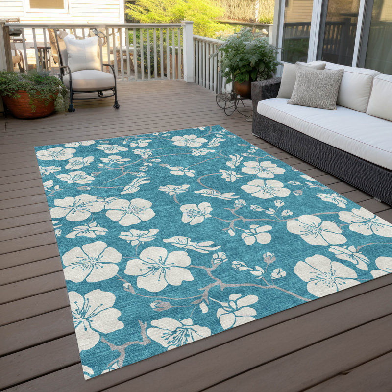 Turquoise Floral Synthetic Washable Rectangular Area Rug