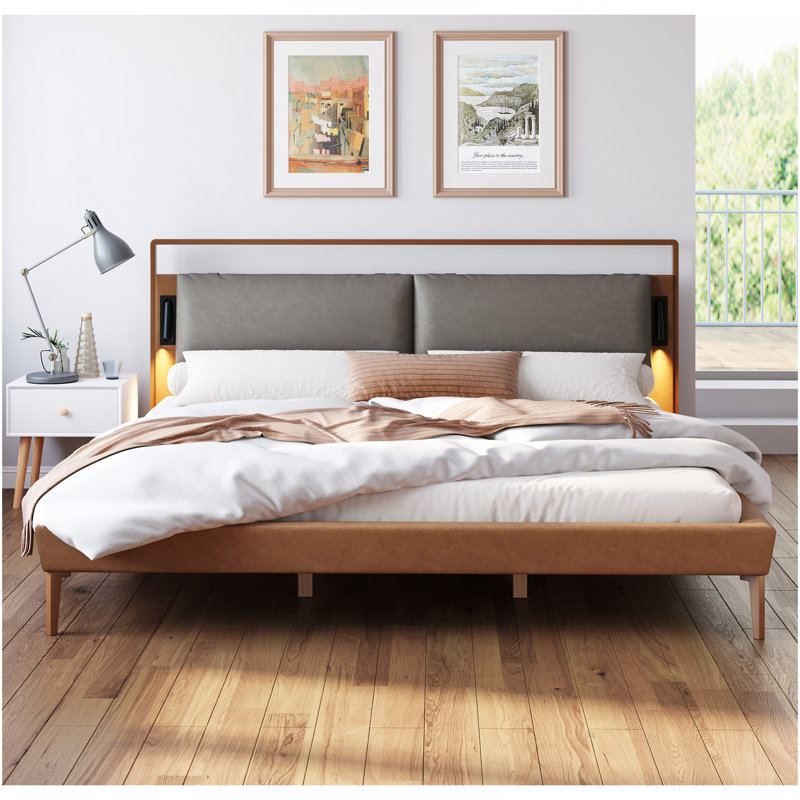 Lit très grand en cuir brun et gris avec veilleuses 2 pièces, Très grand lit