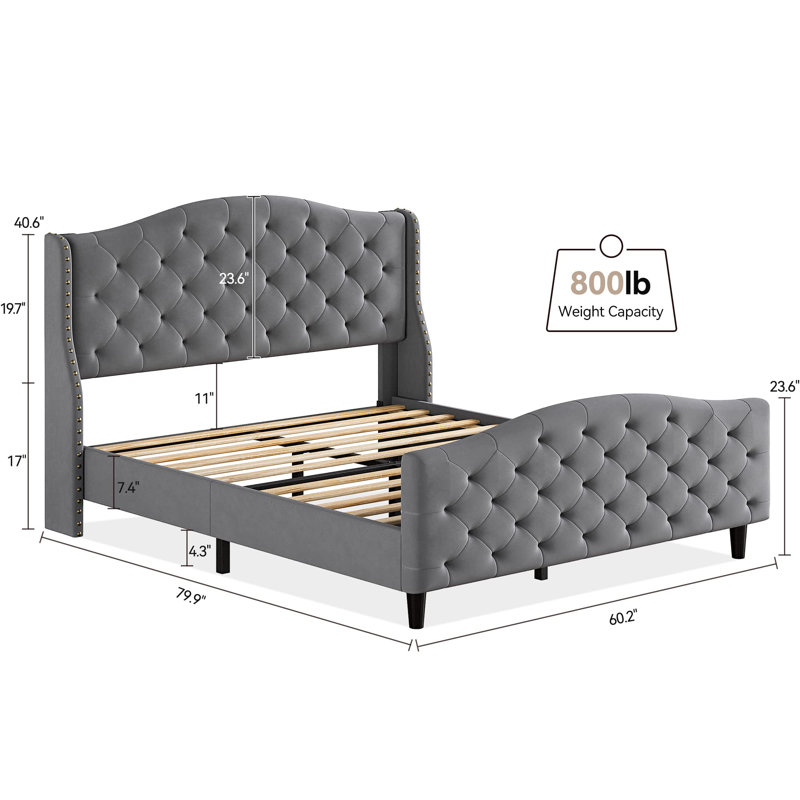 Structure de lit plateforme en velours avec base de lit et tête de lit tapissier, Gris, Grand lit