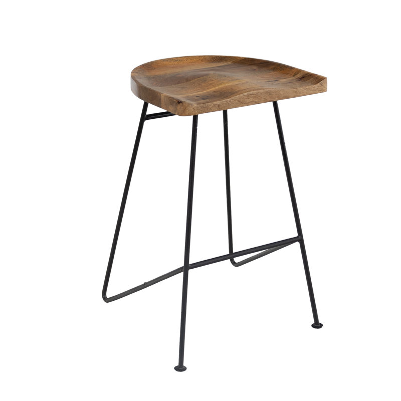 Modern Industrial Bar Stool With Stained Mango Wood Seat And Black Metal Base