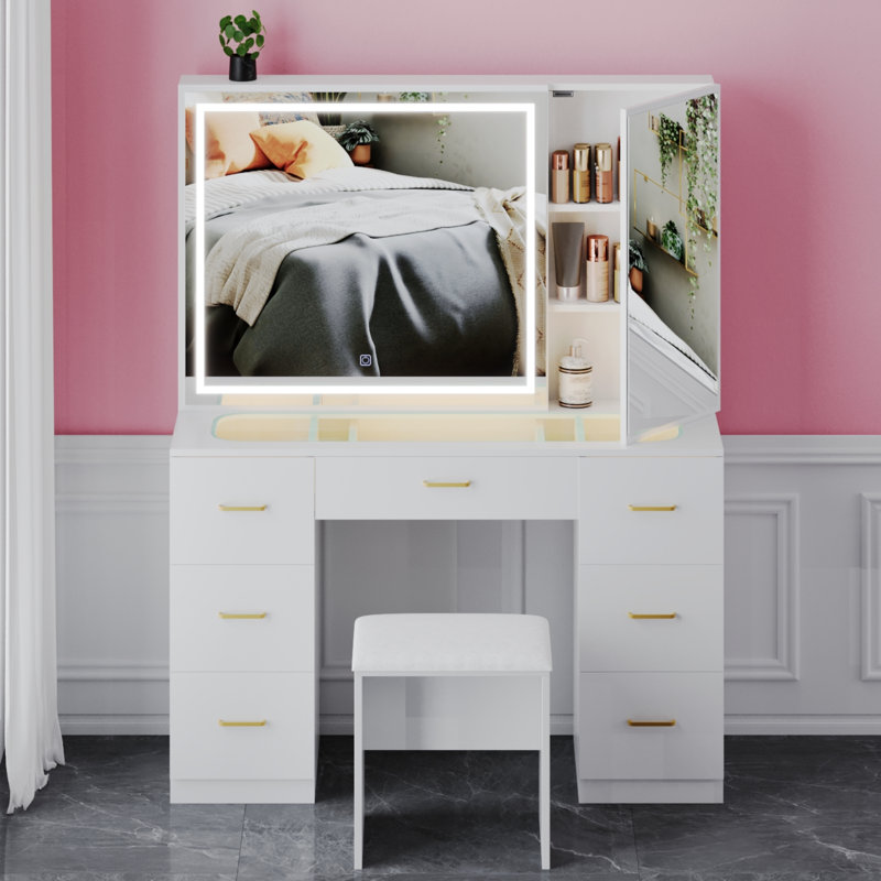 Ensemble de coiffeuse avec miroir éclairé, très grande coiffeuse à miroir avec 7 tiroirs et tabouret rembourré, coiffeuse avec tiroirs, bureau de coiffeuse de chambre à coucher (plateau de table en verre blanc, grand)