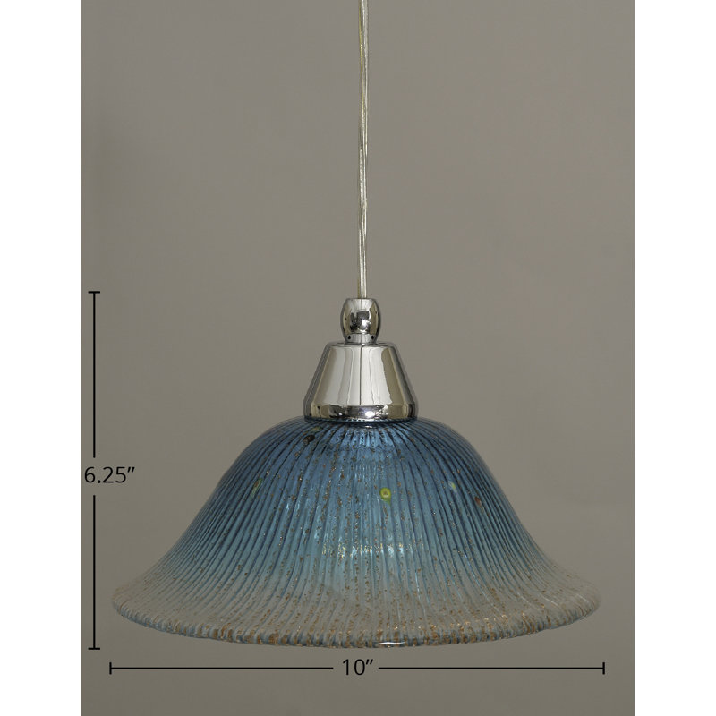 Cord Hung Mini Pendant Shown In Black Copper Finish With 10" Amber Crystal Glass, Chrome, 10" W, Teal Crystal Glass