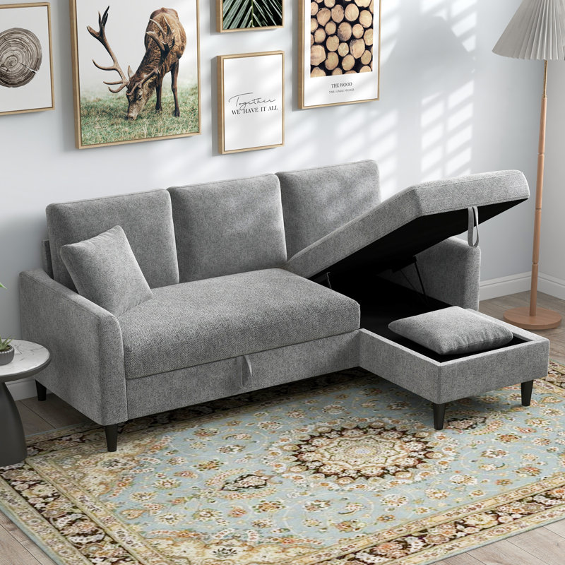 Derick 74" Wide Upholstered Sleeper Sofa With 2 Pillows And Storage, Gray