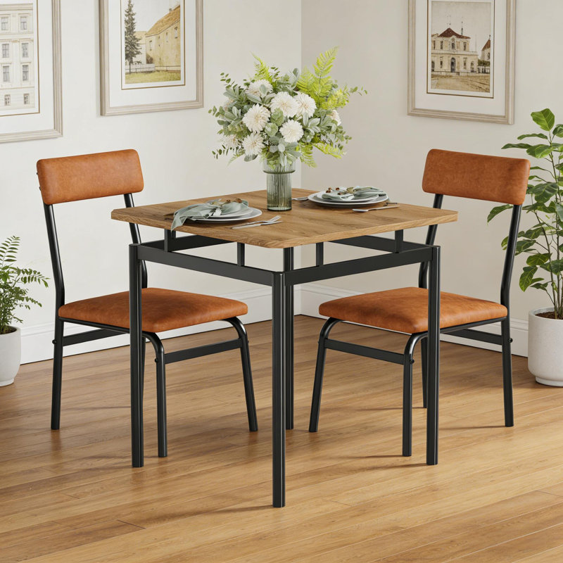 3 Piece Dining Table Set, Kitchen Table Set for 2 with 2 PU Upholstered Chair, Brown
