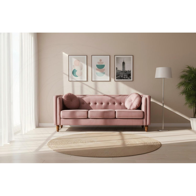 Canapé Chesterfield classique avec design capitonné et accoudoirs carrés, Velours rose