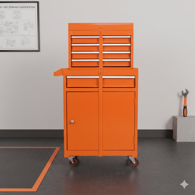 Coffre à outils mobile, organisateur à 5 tiroirs avec roulettes verrouillables, tiroirs coulissants, compartiment supérieur amovible et tablette réglable; Armoire de rangement en métal pour garage ou atelier - Finition en orange
