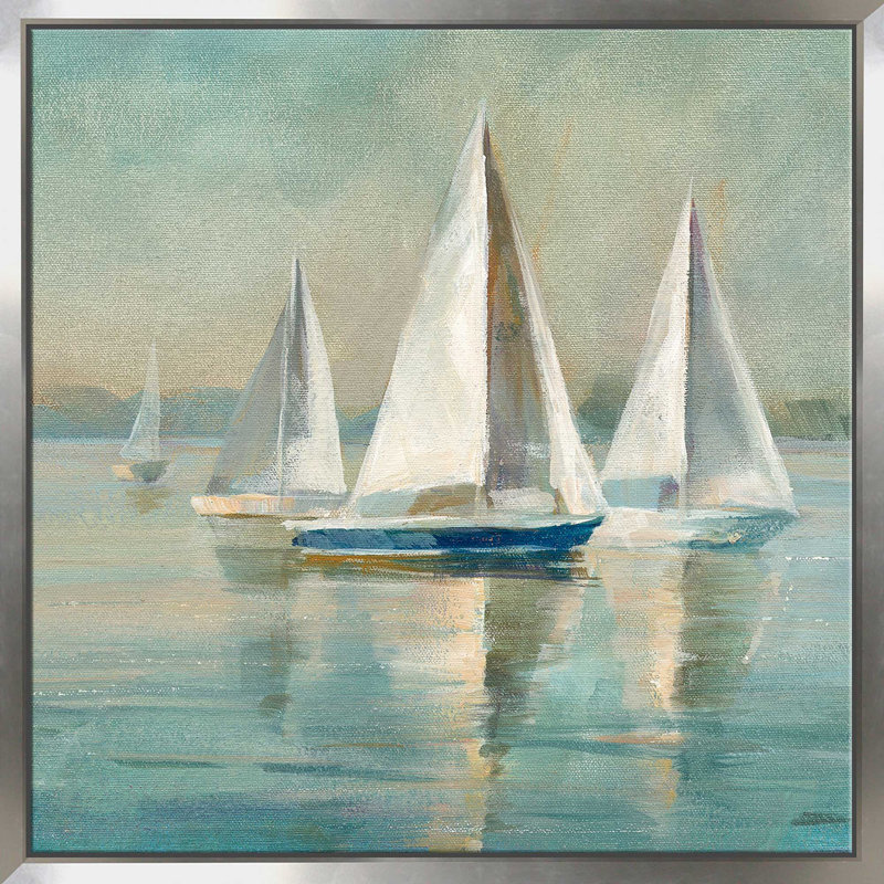 Voiliers au lever du soleil par Danhui Nai - peinture sur toile à cadre flottant, L 39,5 po x H 39,5 po