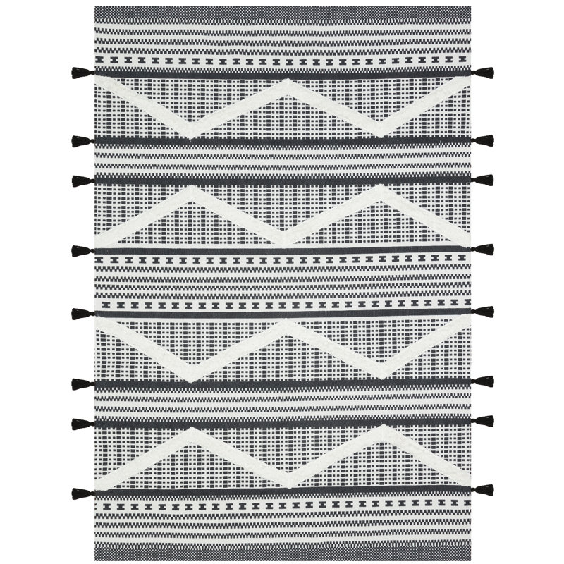 Rustic Black and White Fringed Authentic and Ethnic Pattern Flatweave Rug, Rectangle 3'11.24" x 5'10.87"