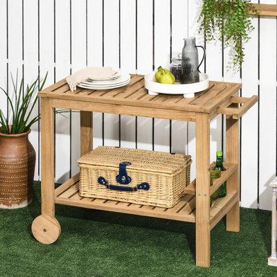 Natural Wood Outdoor Serving Cart With 2 Levels And Wine Bottle Slots For Dining Room Garden Rolling - Shelf Wooden Holders & Dining,