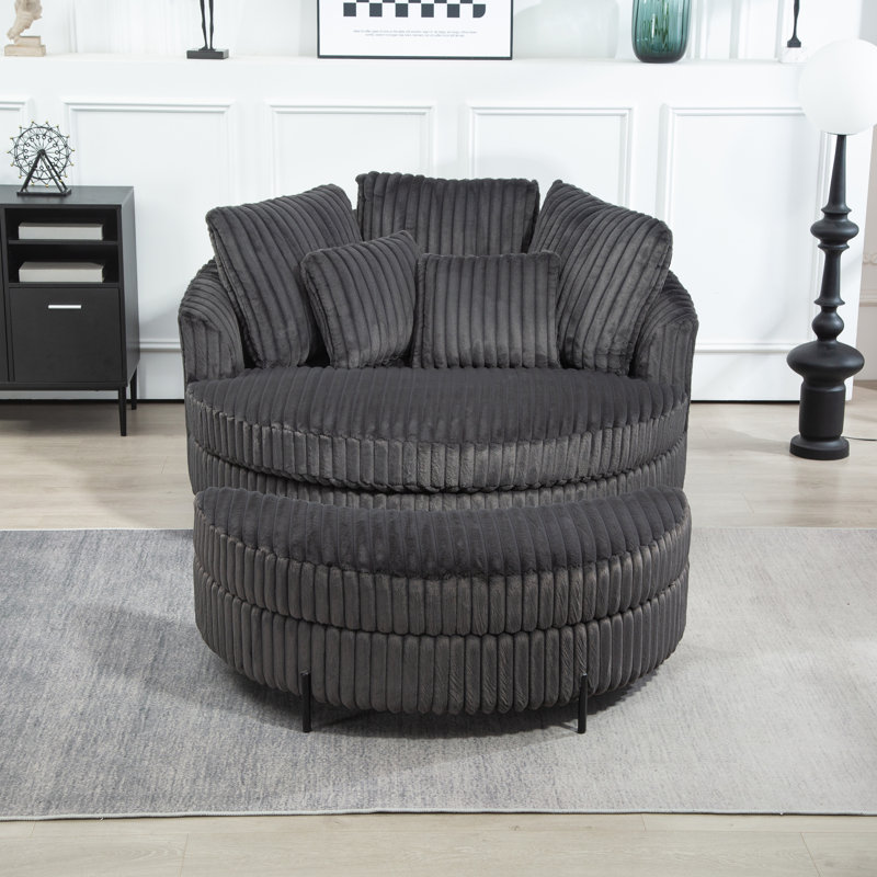 Upholstered Barrel Chair With Ottoman, Charcoal Faux Fur