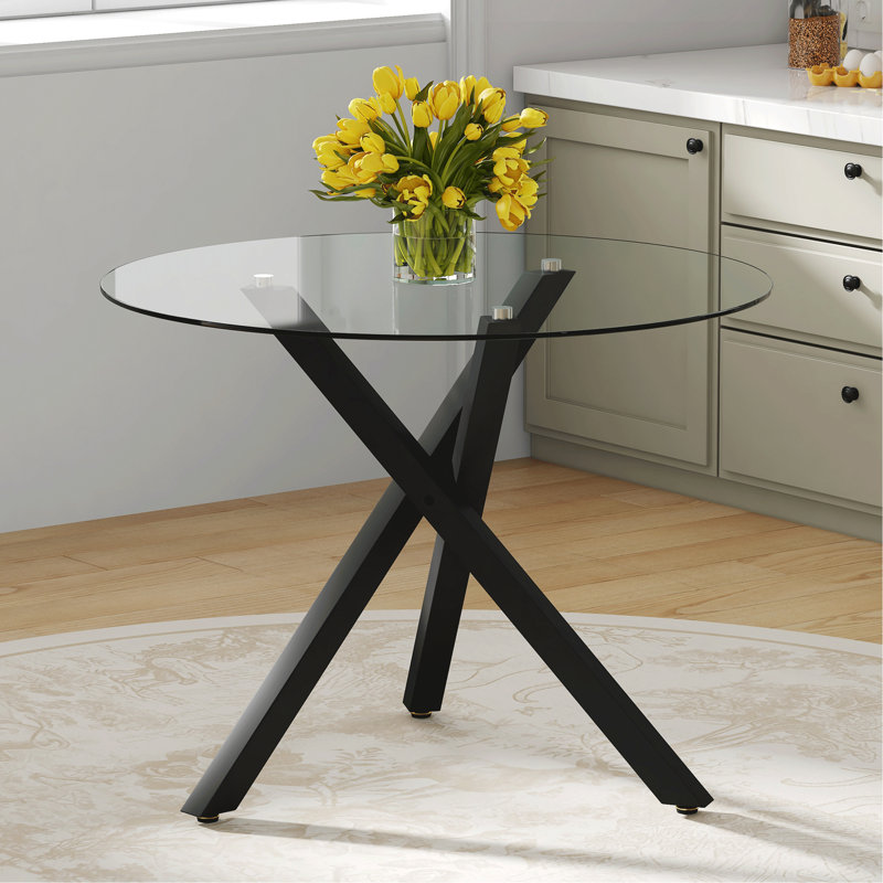 Table ronde moderne en verre minimaliste: 31 pouces de diamètre, support en métal noir en forme de X, élégant et pratique.