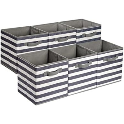 Cube Organizer Storage Bins Handles, Collapsible Fabric, Pack Of 6, 10.5"X10.5"X11", White/ Light Grey Stripe