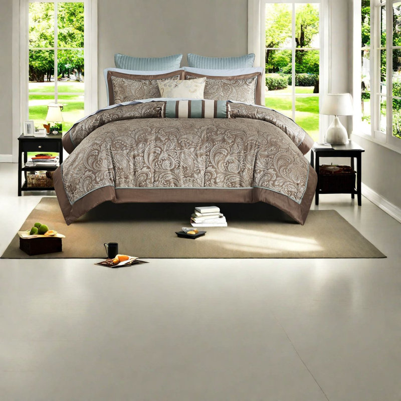 Ensembles de literie luxueux bleu brun, coton et polyester, élégance de chambre à coucher moderne