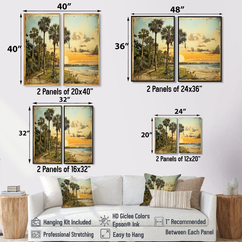 Collage rétro de la Floride, palmiers et plage V - art mural vert, H 40 po x l 40 po, Impression encadrée flottante, Brun
