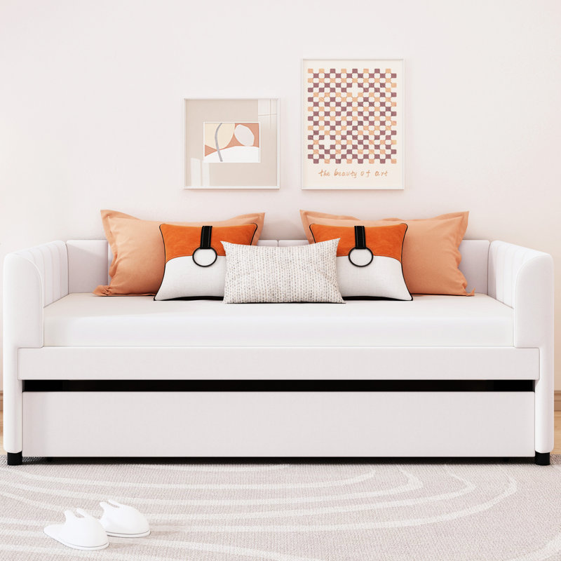 Beige Velvet Twin Size Daybed With Ergonomic And Expandable Trundle Convenient