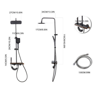 Gun Grey Space Aluminum Shower System, 4-Function Shower Faucet Set with 13" Square Rain Shower Head & Handheld Sprayer for Bathroom