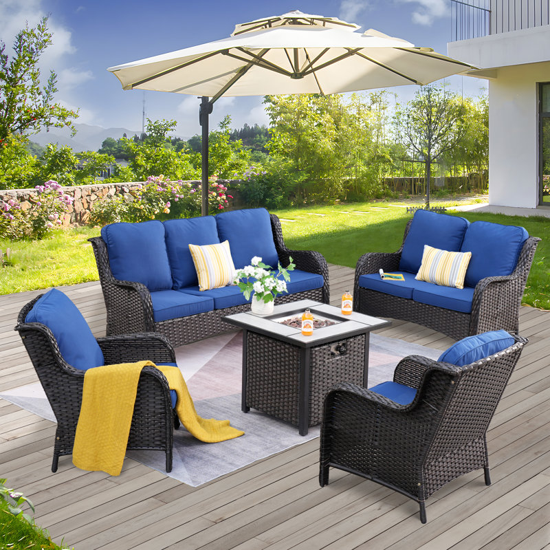 Ensemble de conversation avec canapé et coussins 5 pièces Klodjana, Brun, Bleu marine