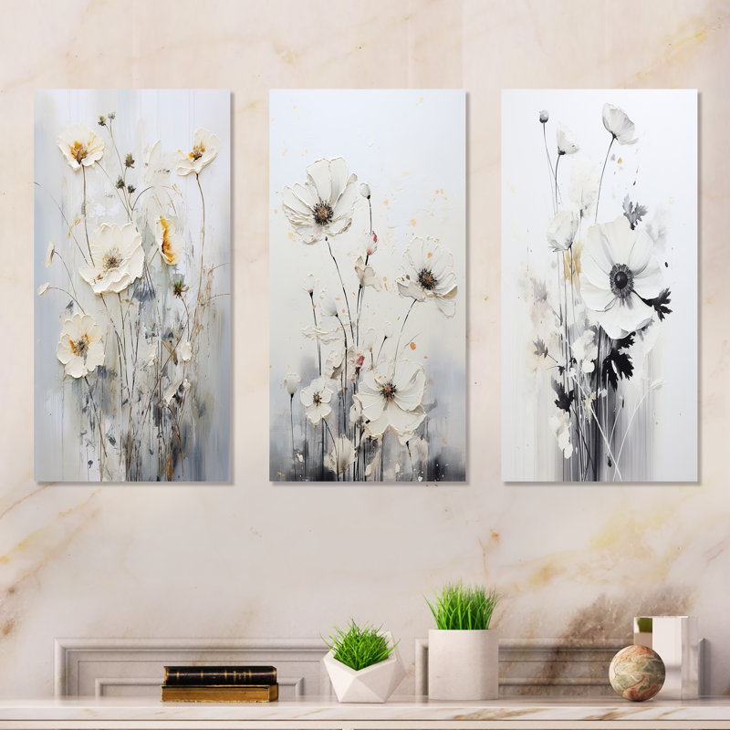 White Wildflowers Floral Fantasy - Wildflowers Metal Wall Art Prints Set Of 3, 28" H x 36" W