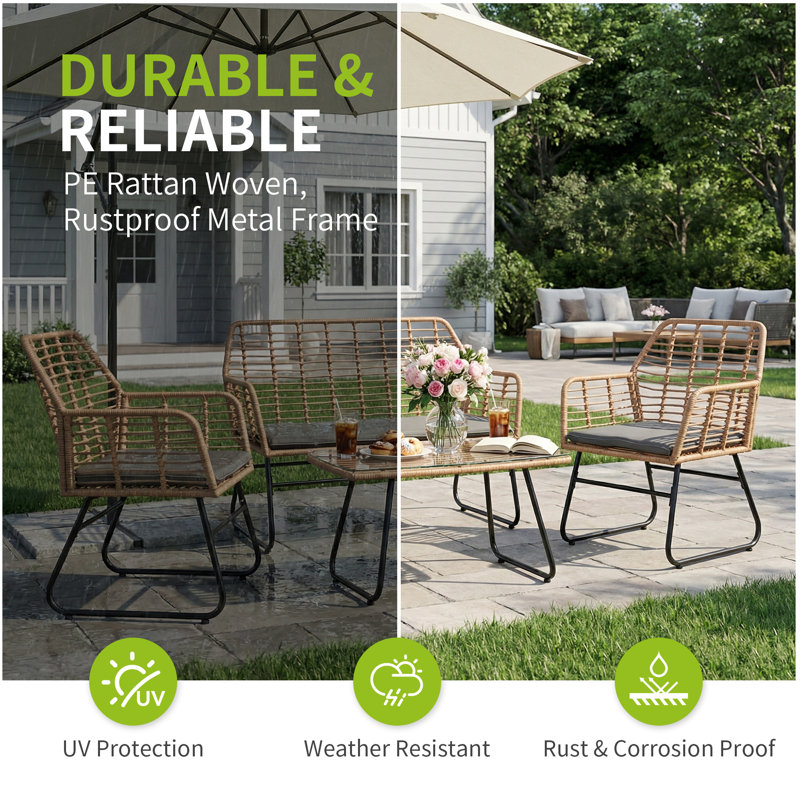 4-Piece PE Rattan Outdoor Seating Group with Tempered Glass Coffee Table