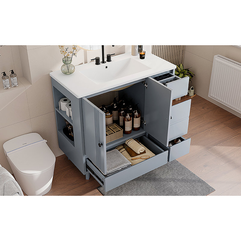 Meuble-lavabo de salle de bain avec lavabo, 4 tiroirs et support de rangement latéral, Gris