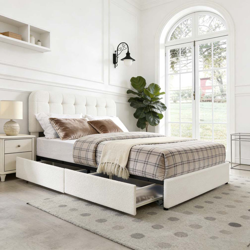 Lit de rangement rembourré avec tête de lit capitonnée courbée sans sommier tapissier, Mousse ivoire