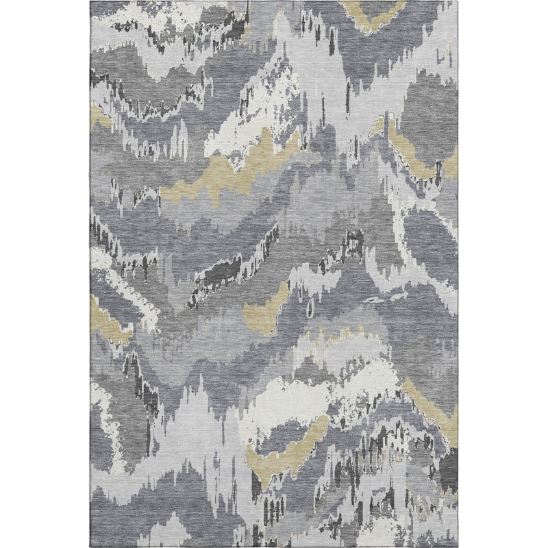 3' X 5' Gray Gold And Ivory Abstract Washable Area Rug With UV Protection