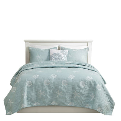 King/ King Bedding Quilt . 4 Piece Cotton Reversible With Embroidery. Fill. Prewashed. Machine Washable. Seaside Tranquility. Starfish And Motifs Beachy Vibes. Decor