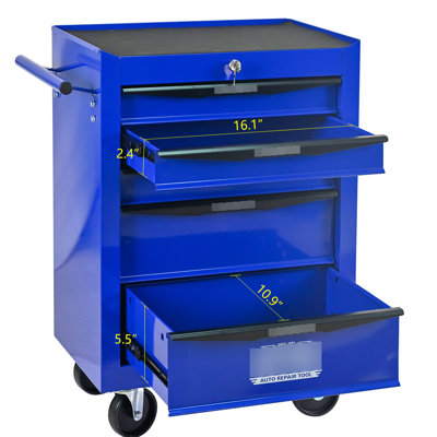 20" 5 - Drawer Black & Blue Metal Tool Chest, Bearing Slides, 4 Swivel Wheels, Key Locking For Systematic Organization Rolling Chest Cabinet, Steel Storage, Universal  2 With Parking Brake , Visual