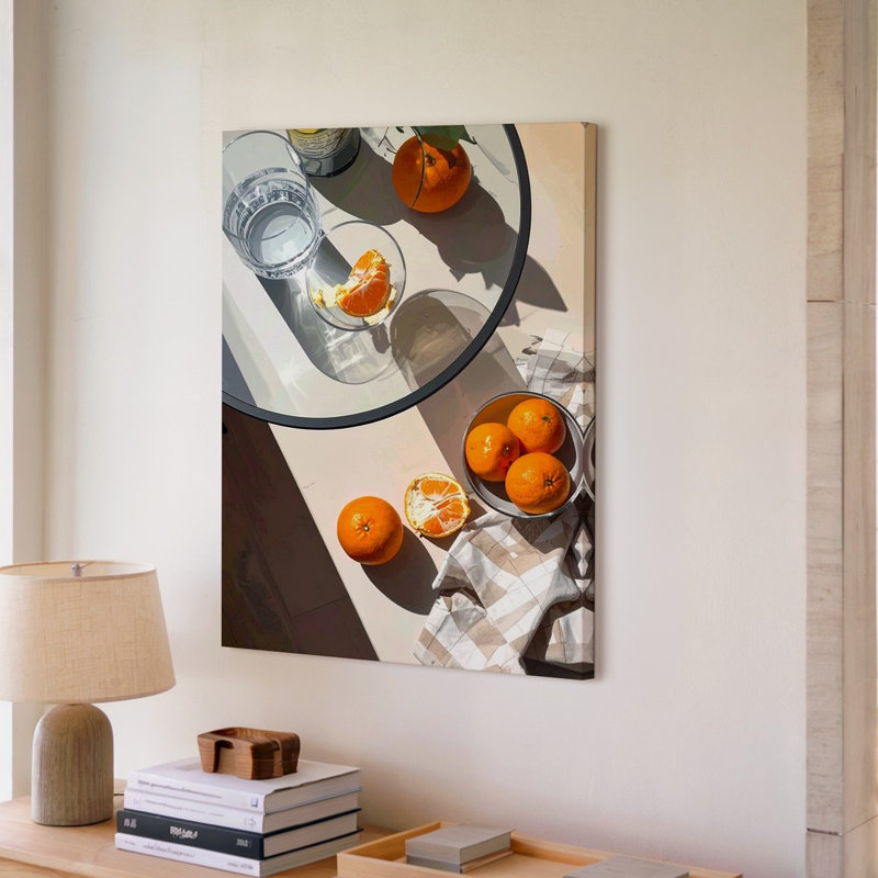 Art mural sur toile minimaliste mandarine orange nature morte avec table en verre prête à accrocher et décoration murale