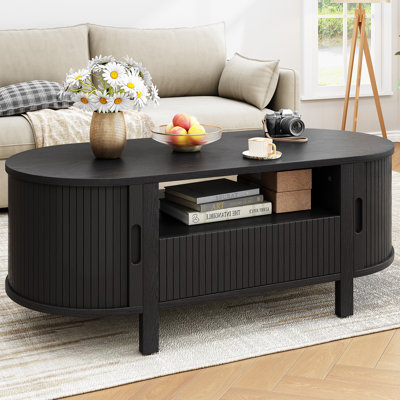 47.2'' Oval Coffee Table With Storage, Fluted Accent Center Table With Draw And Sliding Tambour Doors