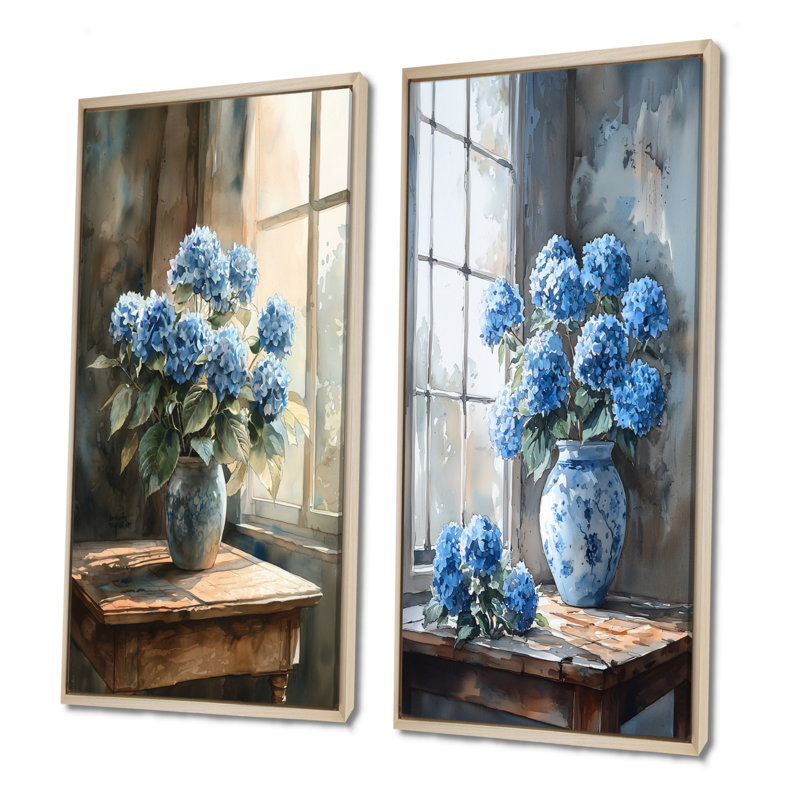 Hydrangeas In A Still Life Scene I - Collection de 2 panneaux de toiles florales, H 40 po x l 41 po, Cadre crème crème