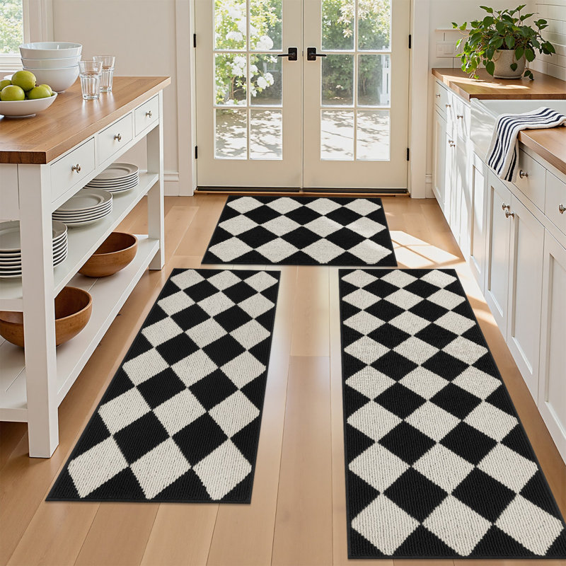 Tapis de cuisine antidérapant lavable à la machine, Noir / blanc