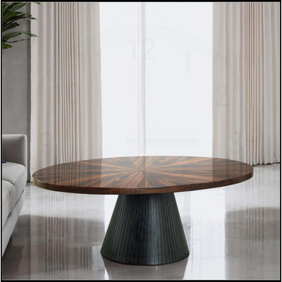 Contemporary Style Oval Coffee Table with Parquet Pattern Top and Drum Base for Modern Living Rooms