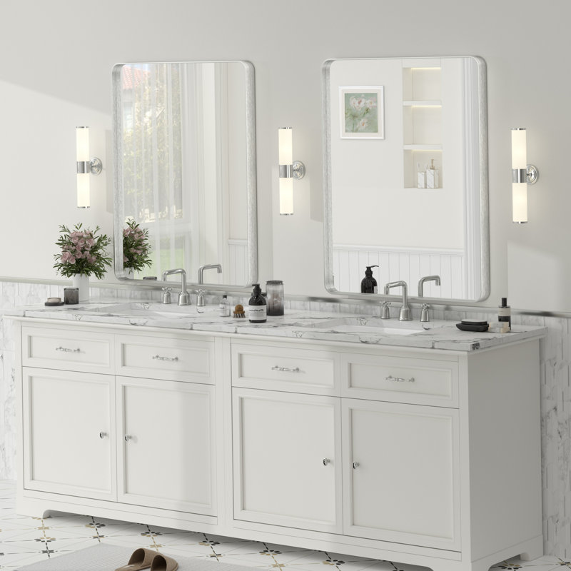 Molly Tempered Glass and Metal Framed French Cleat Mounted Wall Bathroom / Vanity Mirror, 36" x 28", Silver