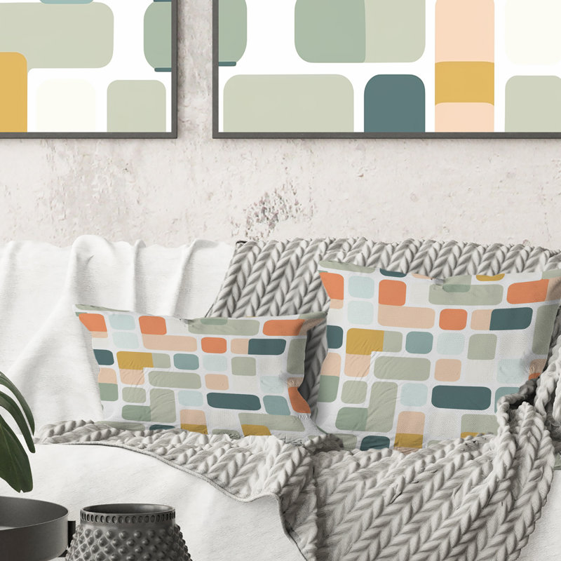 Coussin lombaire vert et orange Mid-Century - Gemoetric Grid, H 16 po x l 16 po, Carrée