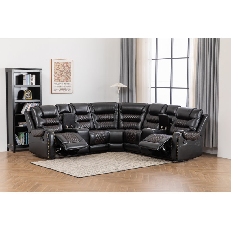 Ilia 96.8" Wide 3 - Piece Vegan Leather Power Reclining Sectional with Console Storage & Cup Holder, Black Faux Leather