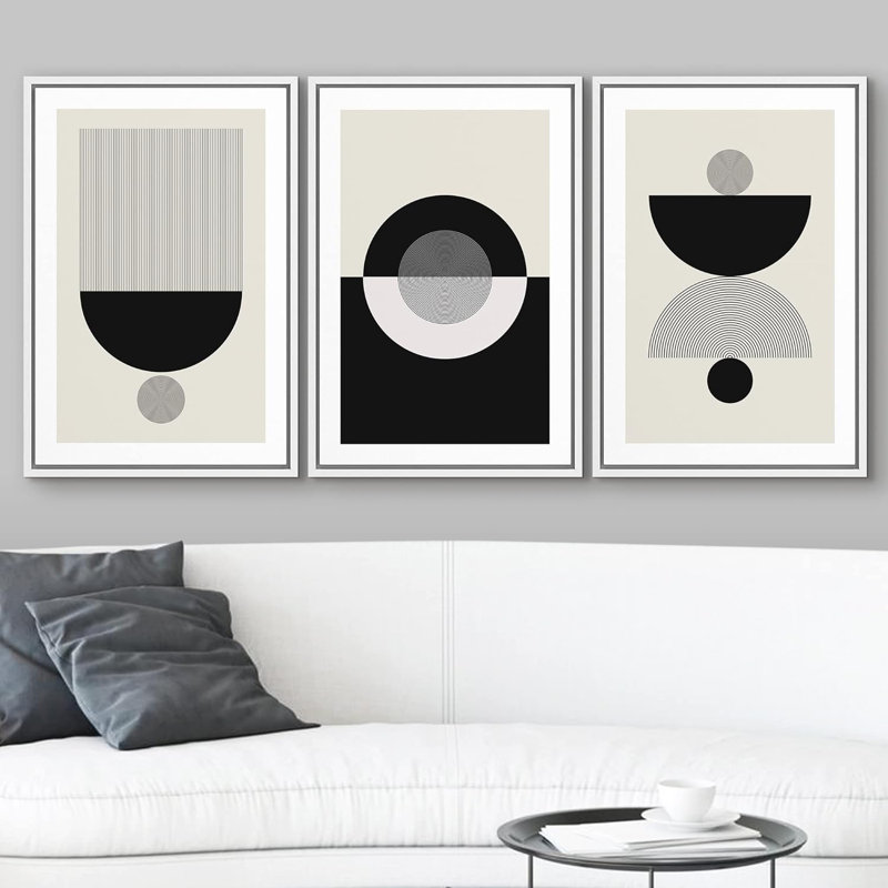 Abstract Geometry " Boho Black Grey And White Semi Circle Variety Abstract Patterns Modern Art Bohemian Chic " 3 - Pieces