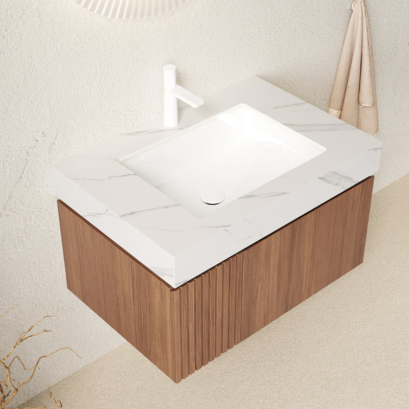 Muri 30" Bathroom Vanity&Sink, Floating Plywood Storage Cabinet With Drawer&Door, Carrara White Sintered Stone Top&Ceramic Basin With 1 Pre-Drilled Faucet Hole, Pre-Assembled, Brown Oak Woodgrain