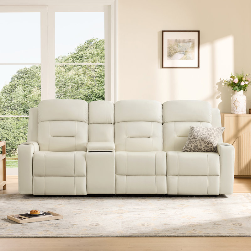 Olathe Genuine Leather Dual Motor Power Reclining Lay Flat Sofa With Power Headrest, Cream