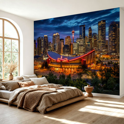 Wall Mural Peel and Stick Wallpaper calgary skyline night stadium view free Self-Adhesive Removable Contact Paper Wall Decor for Living Room Bedroom 69"H x 96"W
