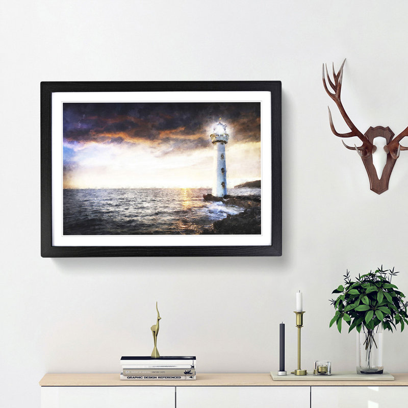Lighthouse & Seascape Evening Glow - Picture Frame Graphic Art Print, 62cm H x 87cm W x 2cm D, Black Framed