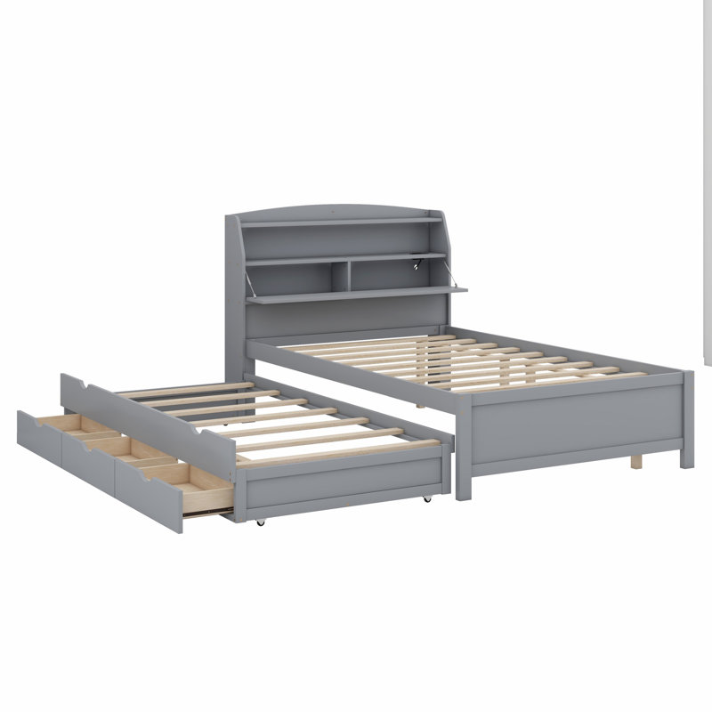 Lit plateforme en bois avec lit gigogne et tête de lit à DEL avec tiroirs, Double, Gris