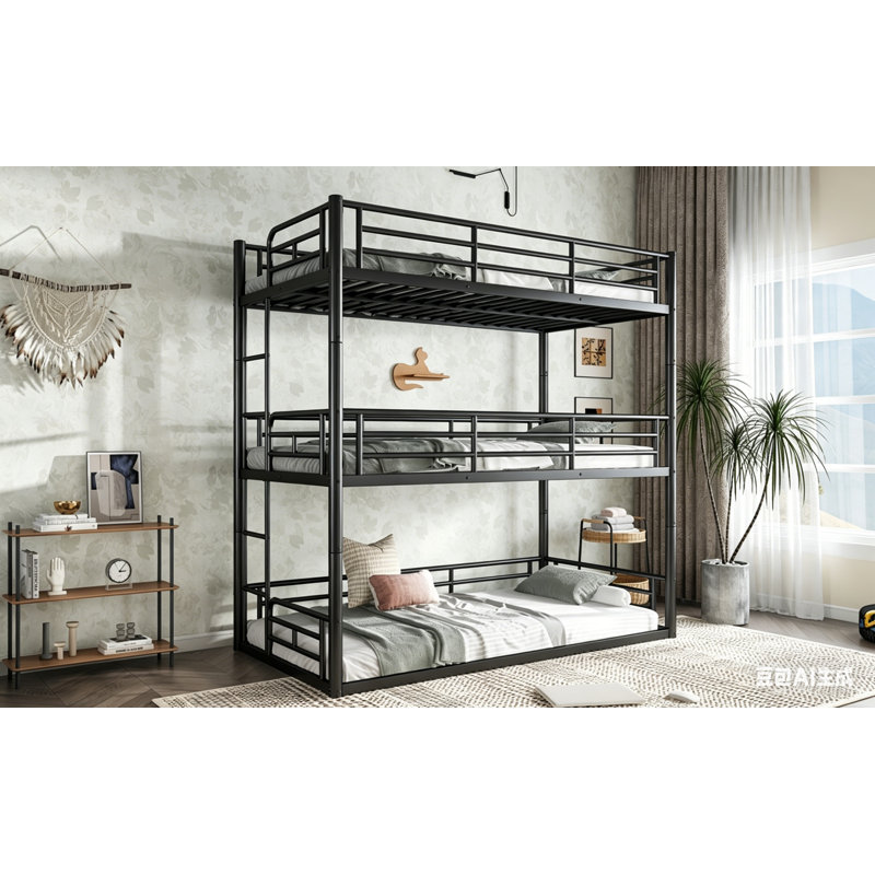 Lit superposé simple au-dessus d'un lit simple avec garde-corps de sécurité, structure de lit superposé triple en métal robuste avec escalier latéral, peu encombrant pour petite chambre, appartement, famille multi-enfants, utilisateurs partagés, conception à bruit réduit, aucun sommier nécessaire , Noir