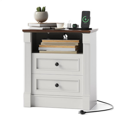 1pcs Nightstand with Charging Station and 2 Drawers, Rustic Wood Bedside Table with Roman Column Design, End Table for Bedroom Living Room, White